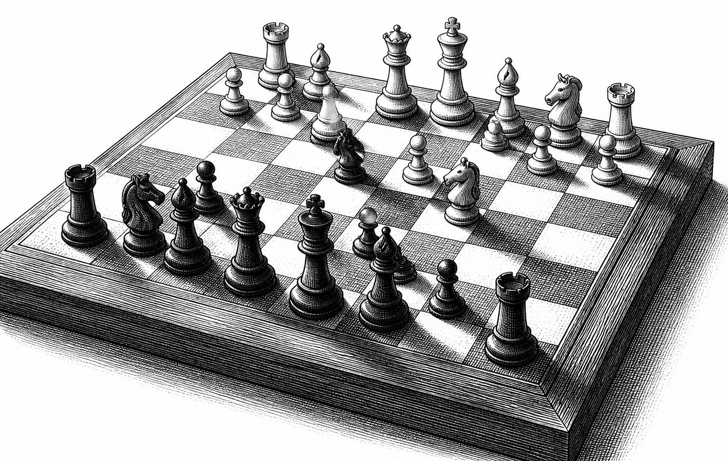 Engraving of a chessboard mid-game, with pieces casting long shadows.