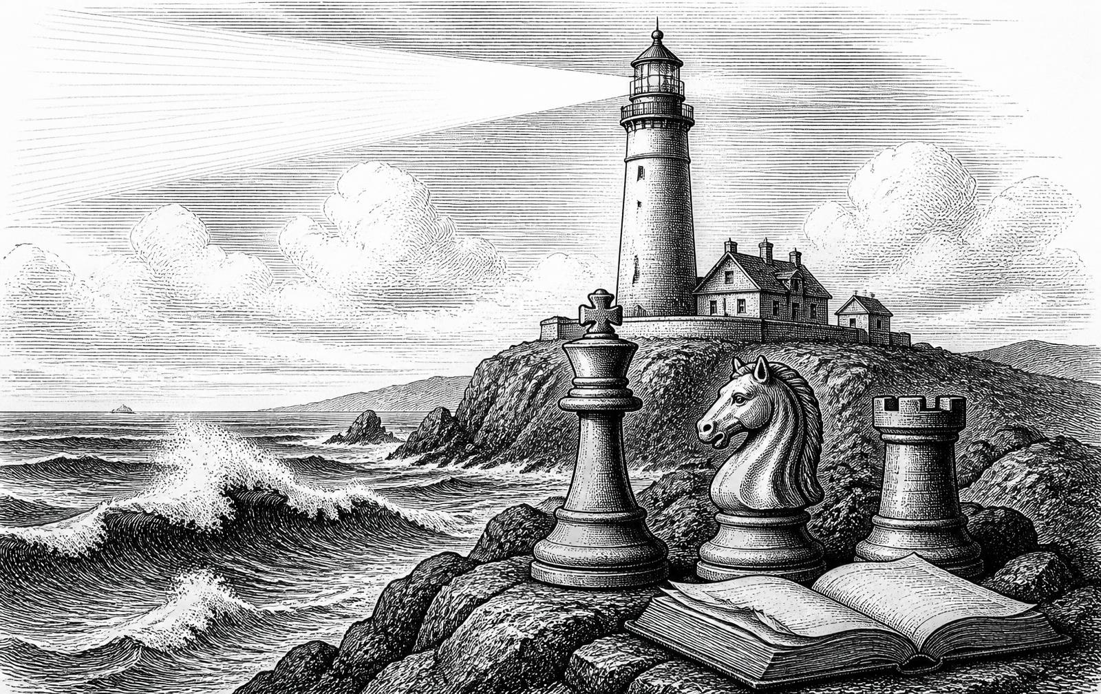 Engraving of a coastal lighthouse above breaking waves, with a chess king, knight, and rook standing beside an open book on the rocks.